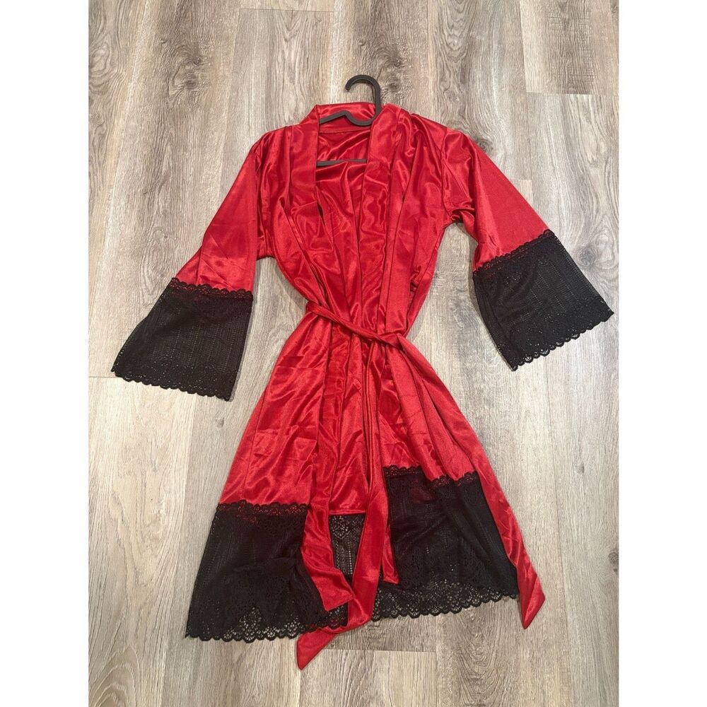 Red Satin Kimono Robe with Black Lace Trim Women's  Size -M,L,XL,XXL